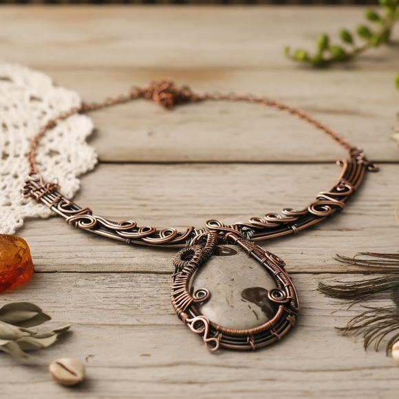 Boho Chic Copper Wire Wrapped Coffee Bean Jasper Gemstone Artisanal Necklace - Picture 11 of 13